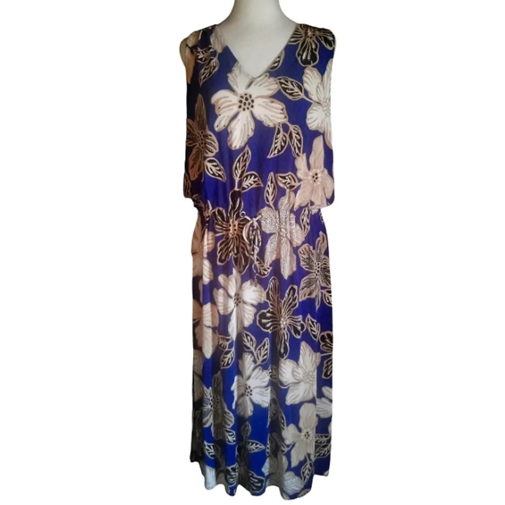 Chico's Travelers Classic Floral Print Drawstring Dress Blue Size Large Petite - Picture 3 of 9